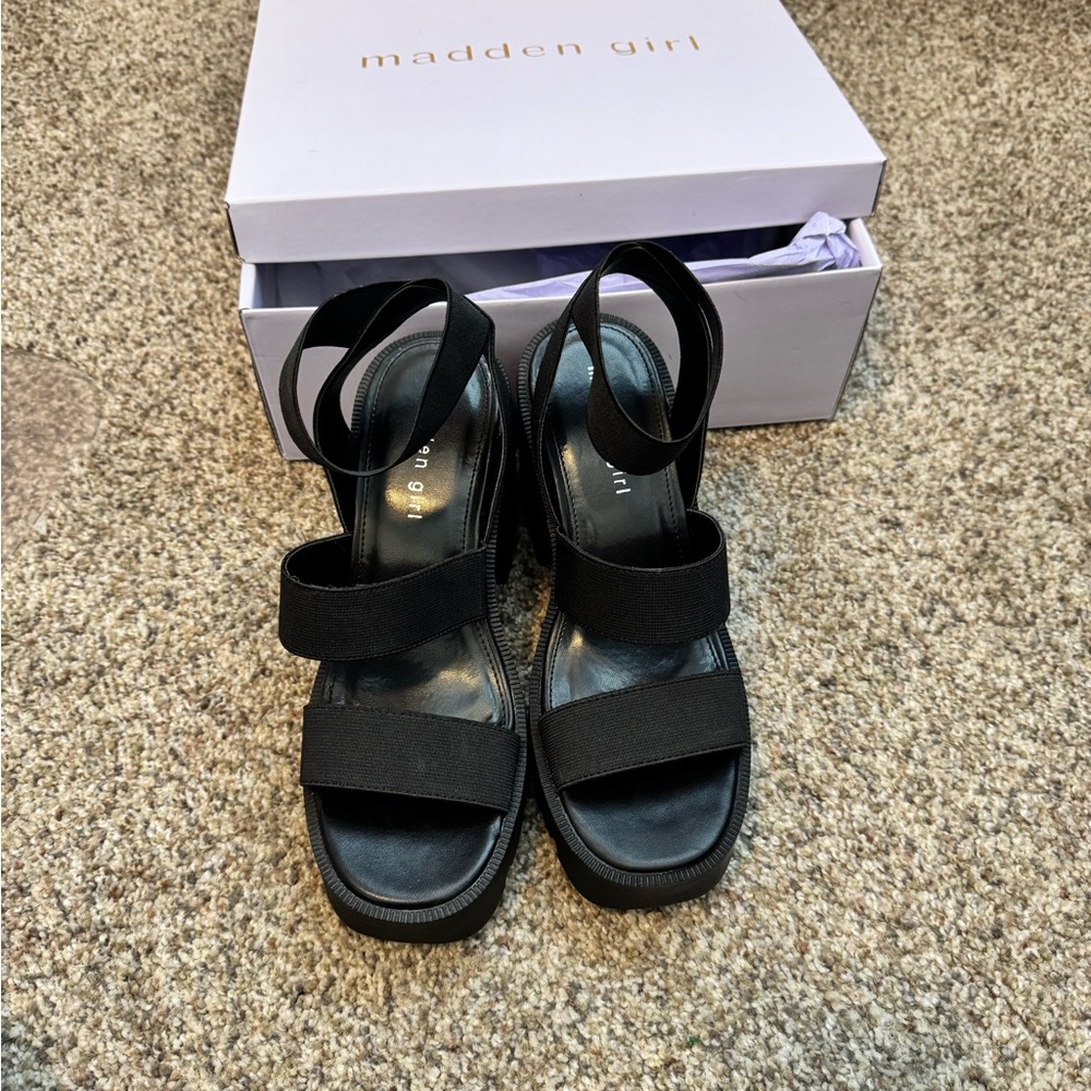 Madden Girl Black Strappy Platform Sandals with Elastic Ankle Wrap